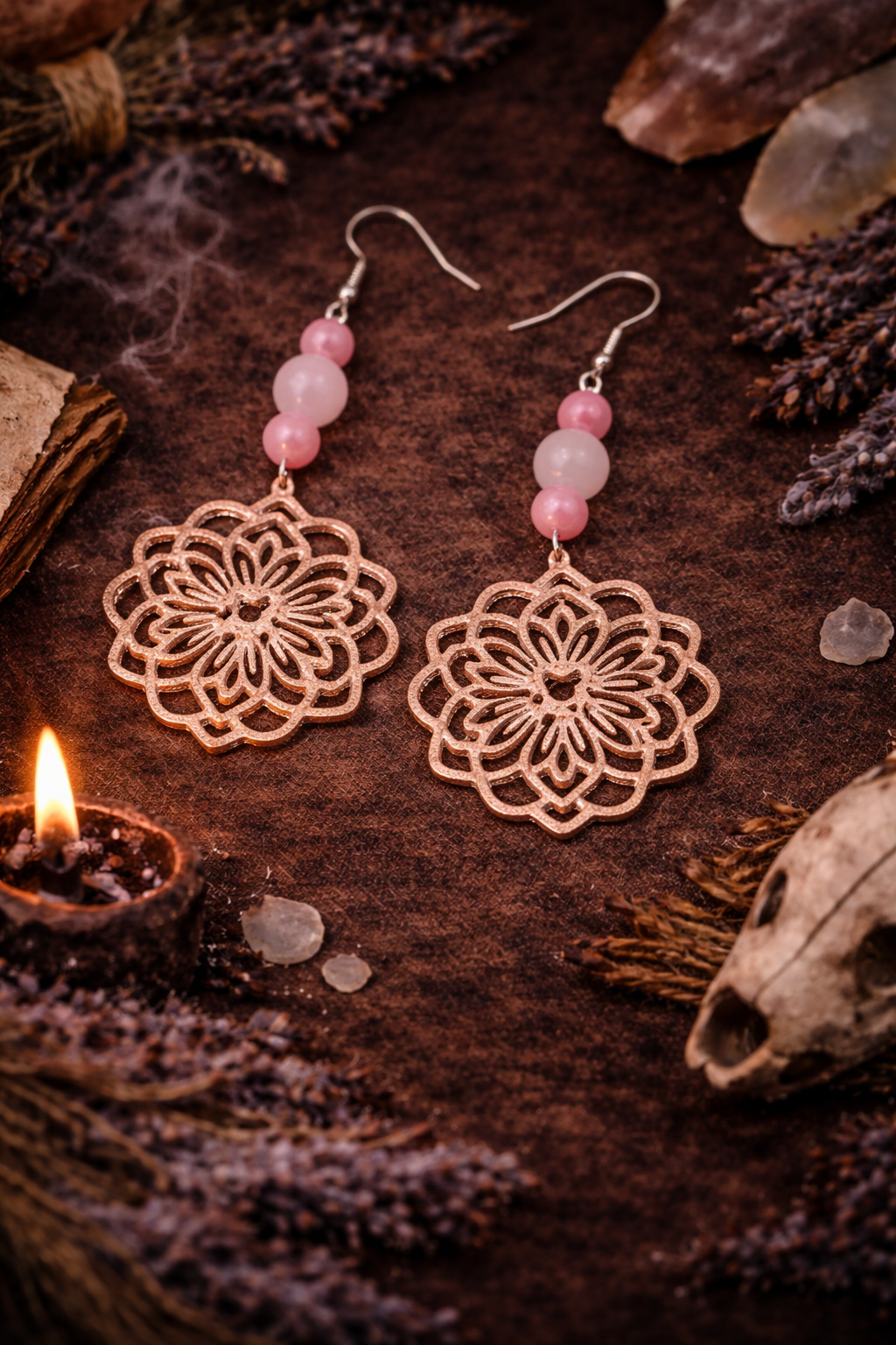 Moonlit Mandala Rose Quartz Earrings - Wyld Witch