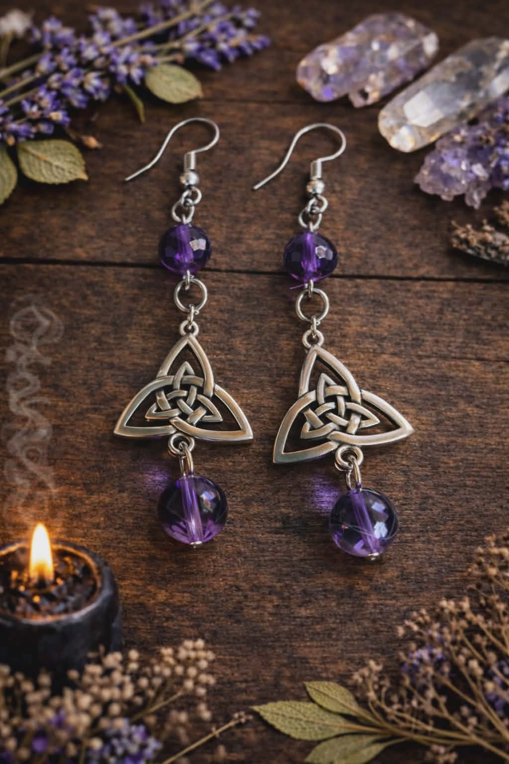 Celtic Triquetra earrings with Violet Beads - Wyld Witch