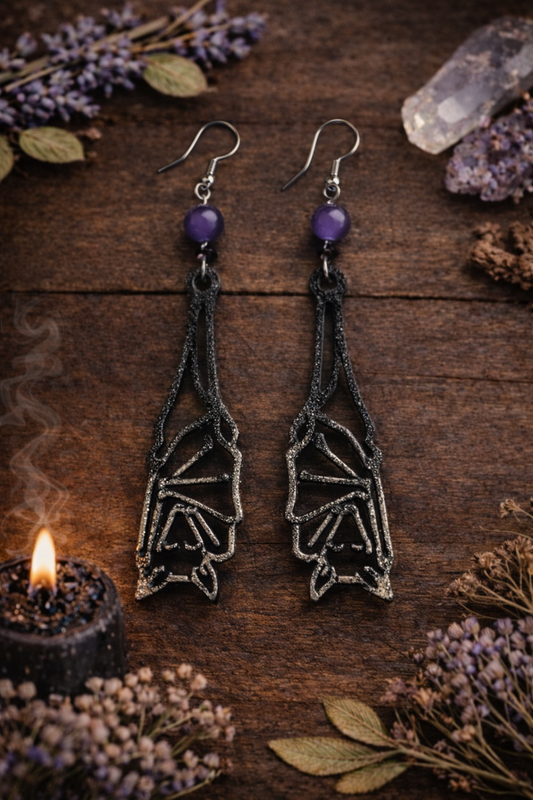 Amethyst Sleeping Bat Earrings - Wyld Witch