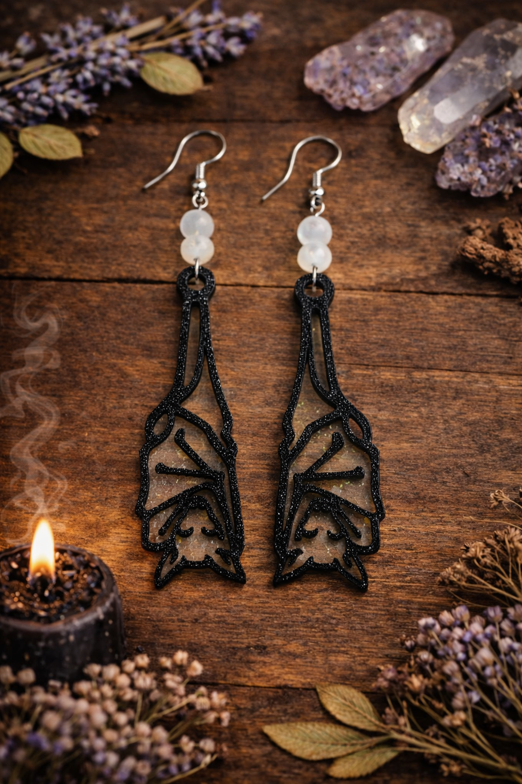 Moonstone Sleeping Bat Earrings - Wyld Witch